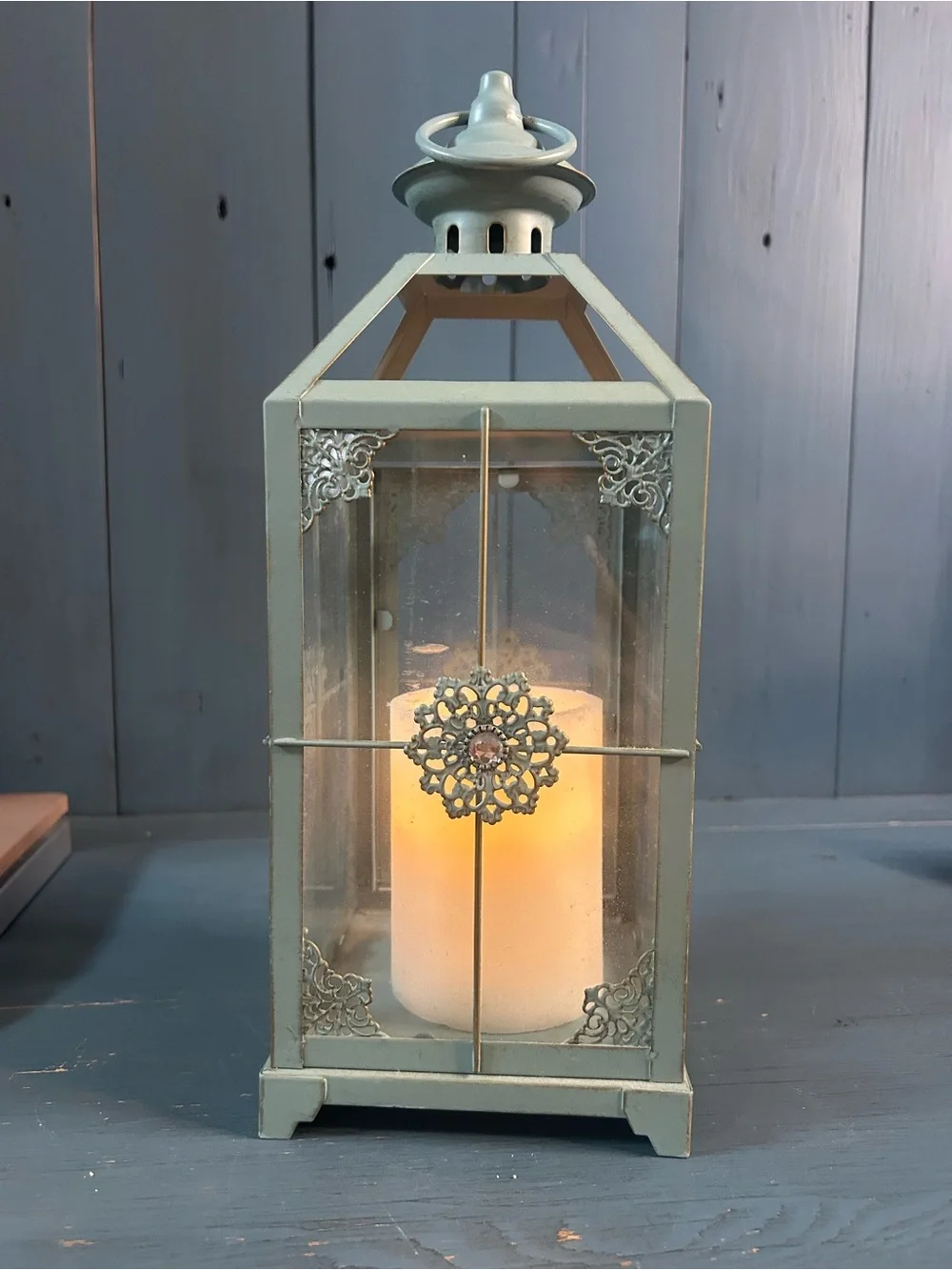 Pier 1 Imports Light Blue Metal Decorative Lantern with Filigree Medallion